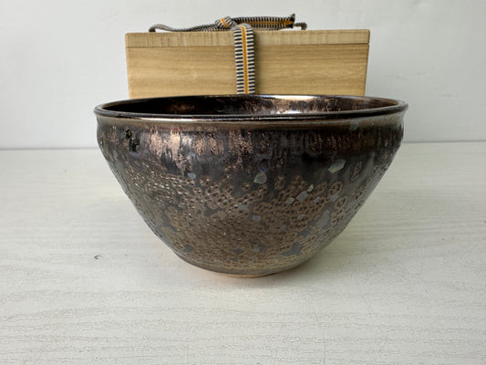 Y9974 CHAWAN Tenmoku bowl Crystal pattern signed box Japan antique tea ceremony
