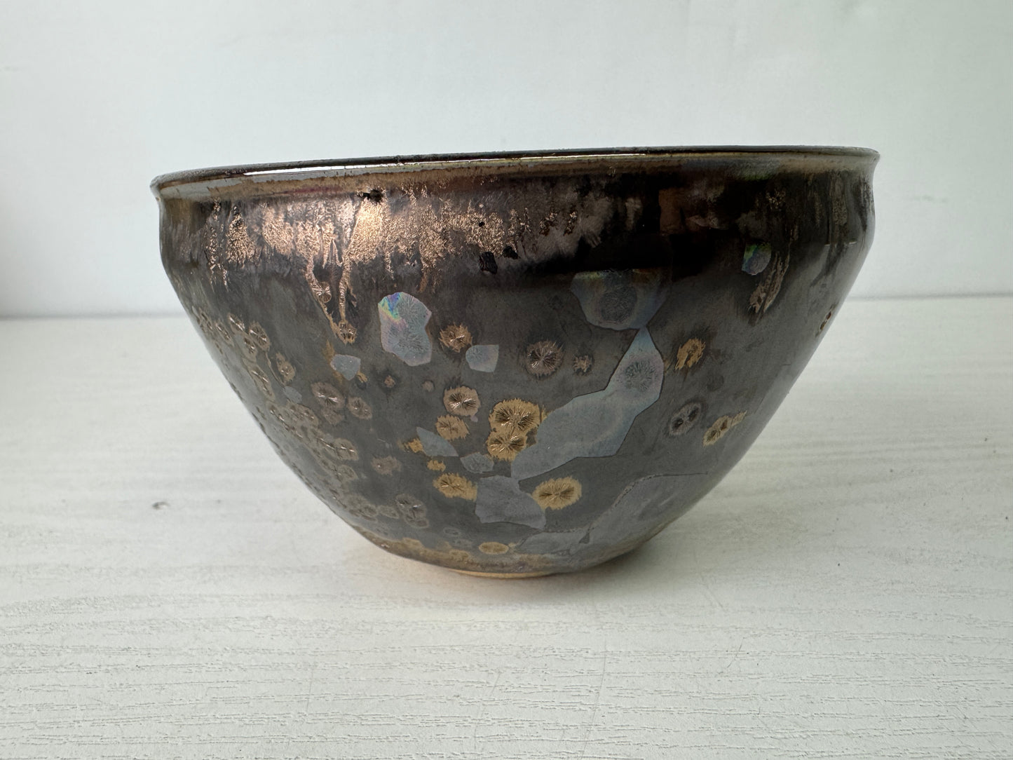 Y9974 CHAWAN Tenmoku bowl Crystal pattern signed box Japan antique tea ceremony