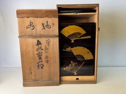Y9976 BOX Wajima lacquer 5-tiered container Fan Makie  Japan antique kitchen