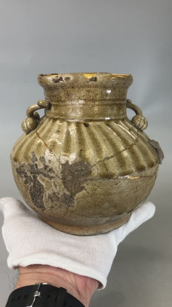 Y6121 [VIDEO]VASE Mino-ware jar kintsugi Japan antique