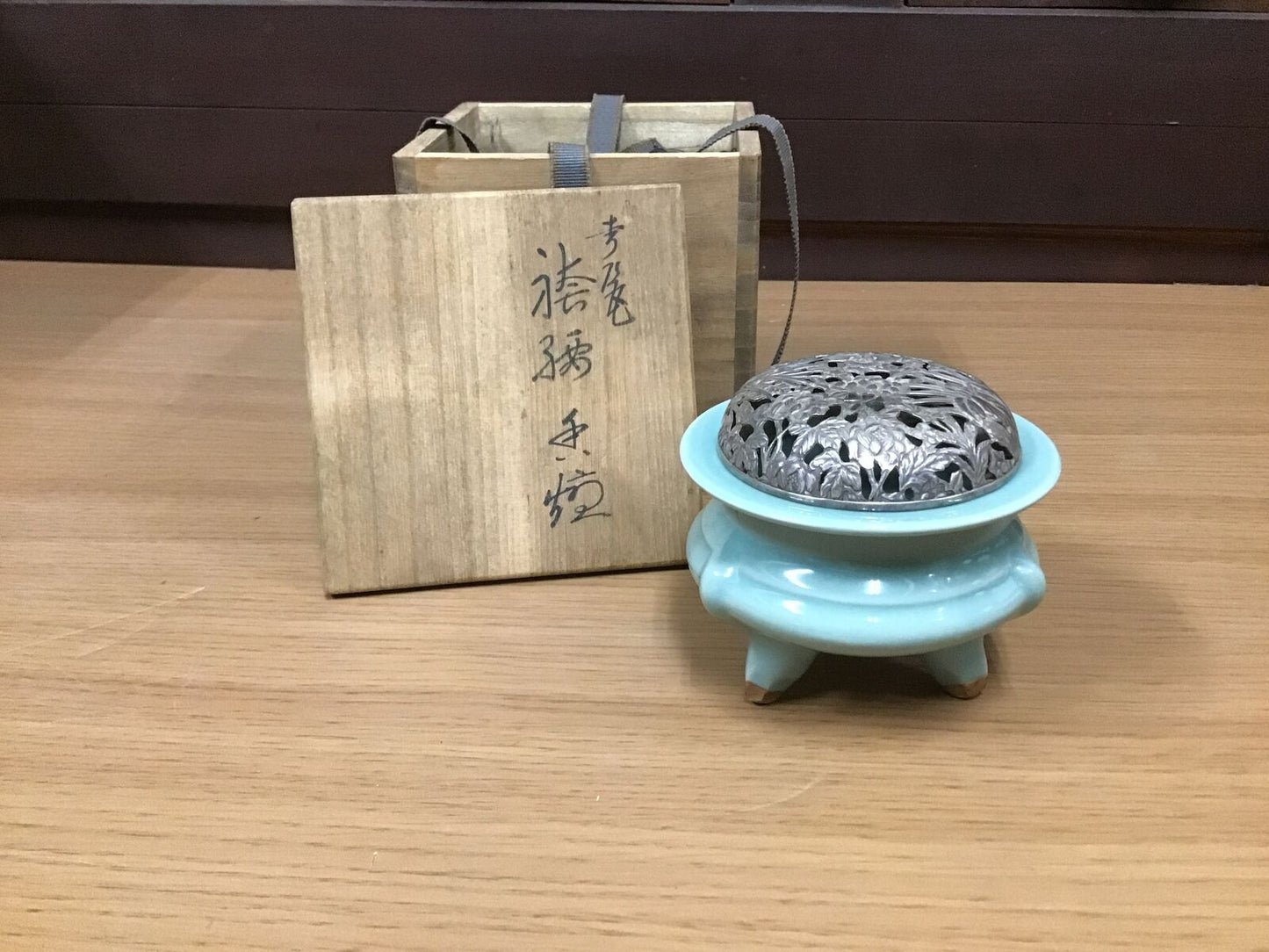 Y0584 KOURO Kyo-ware Sozan Suwa Celadon box Japanese Incense Burner fragrance