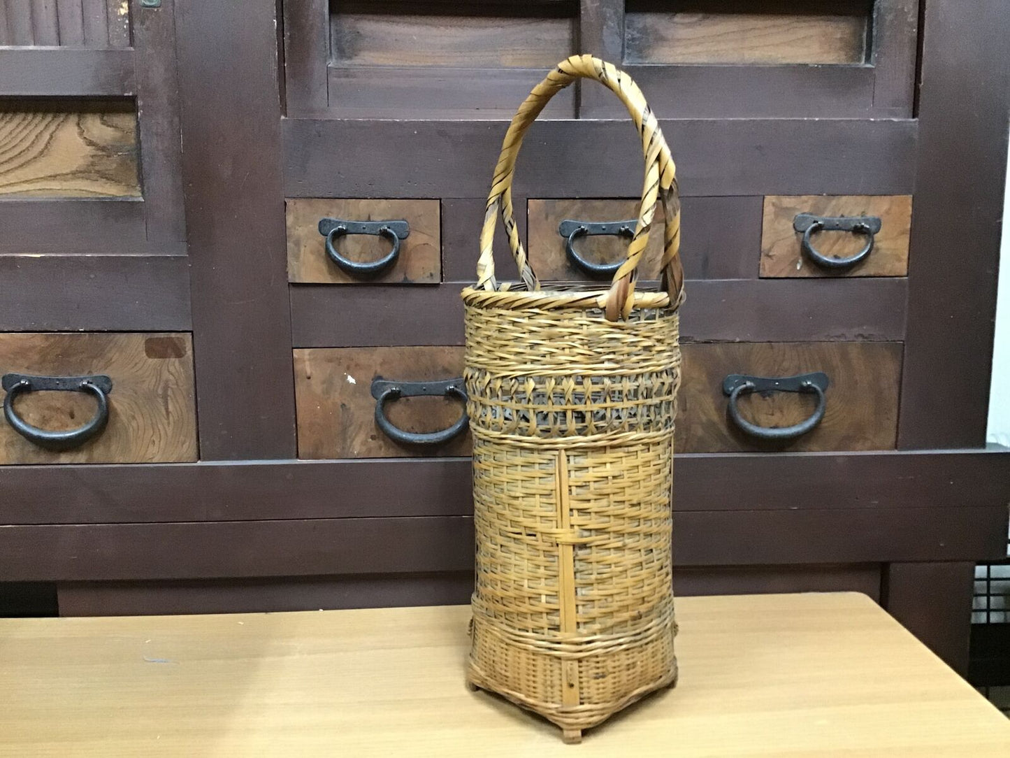 Y0393 FLOWER VASE Bamboo Weaving Basket Japanese antique ikebana kabin japan