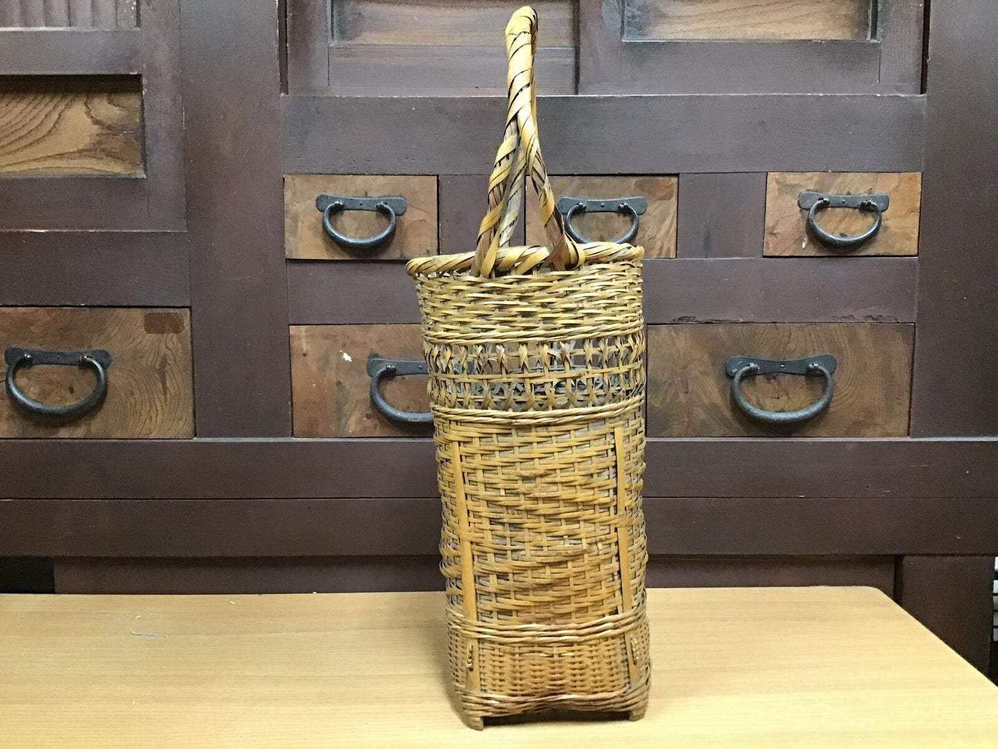 Y0393 FLOWER VASE Bamboo Weaving Basket Japanese antique ikebana kabin japan