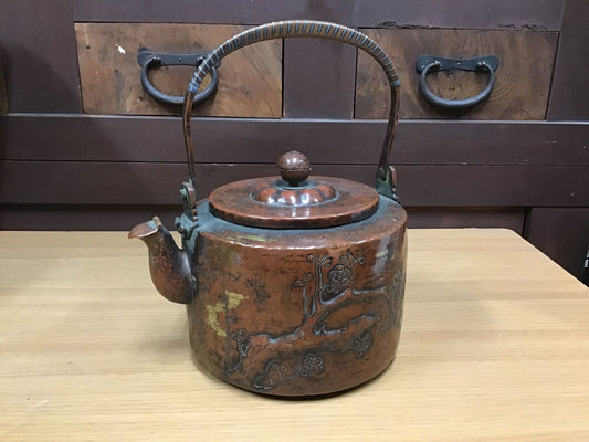 Y0371 TEA POT copper inlay Kettle signed Japanese Tea Ceremony antique teapot