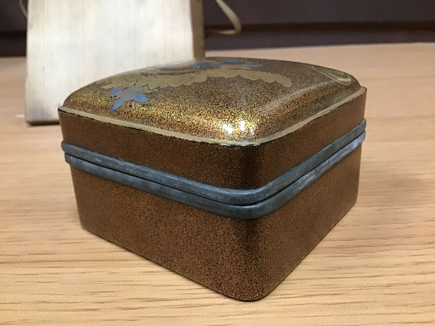 Y0346 BOX superfine Lacquer painting tin rim Japanese incense container