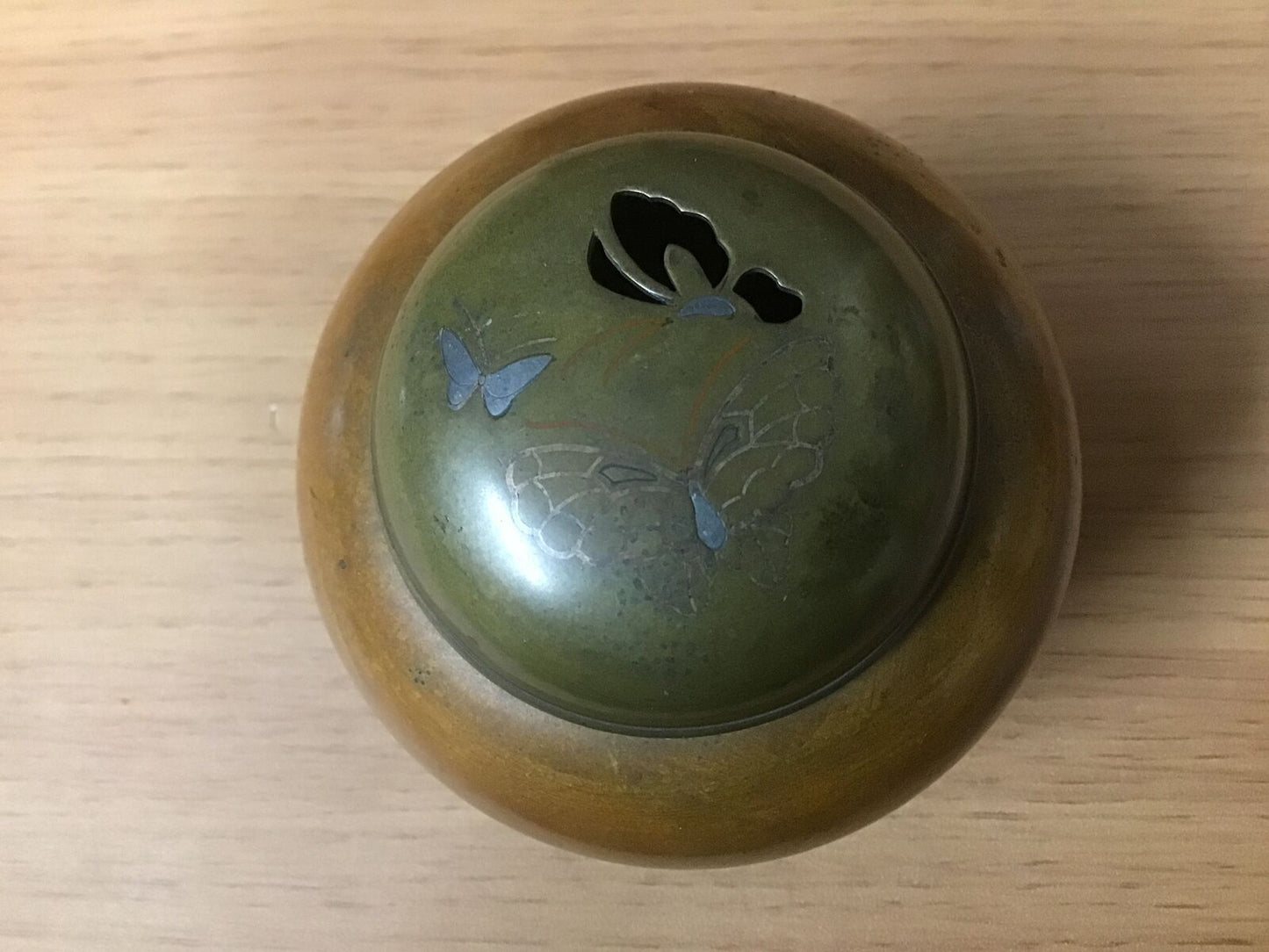 Y0893 KOURO Copper butterfly openwork lid Japan antique Incense Burner fragrance
