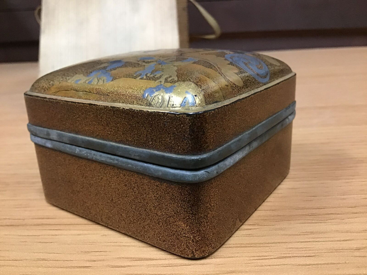 Y0346 BOX superfine Lacquer painting tin rim Japanese incense container