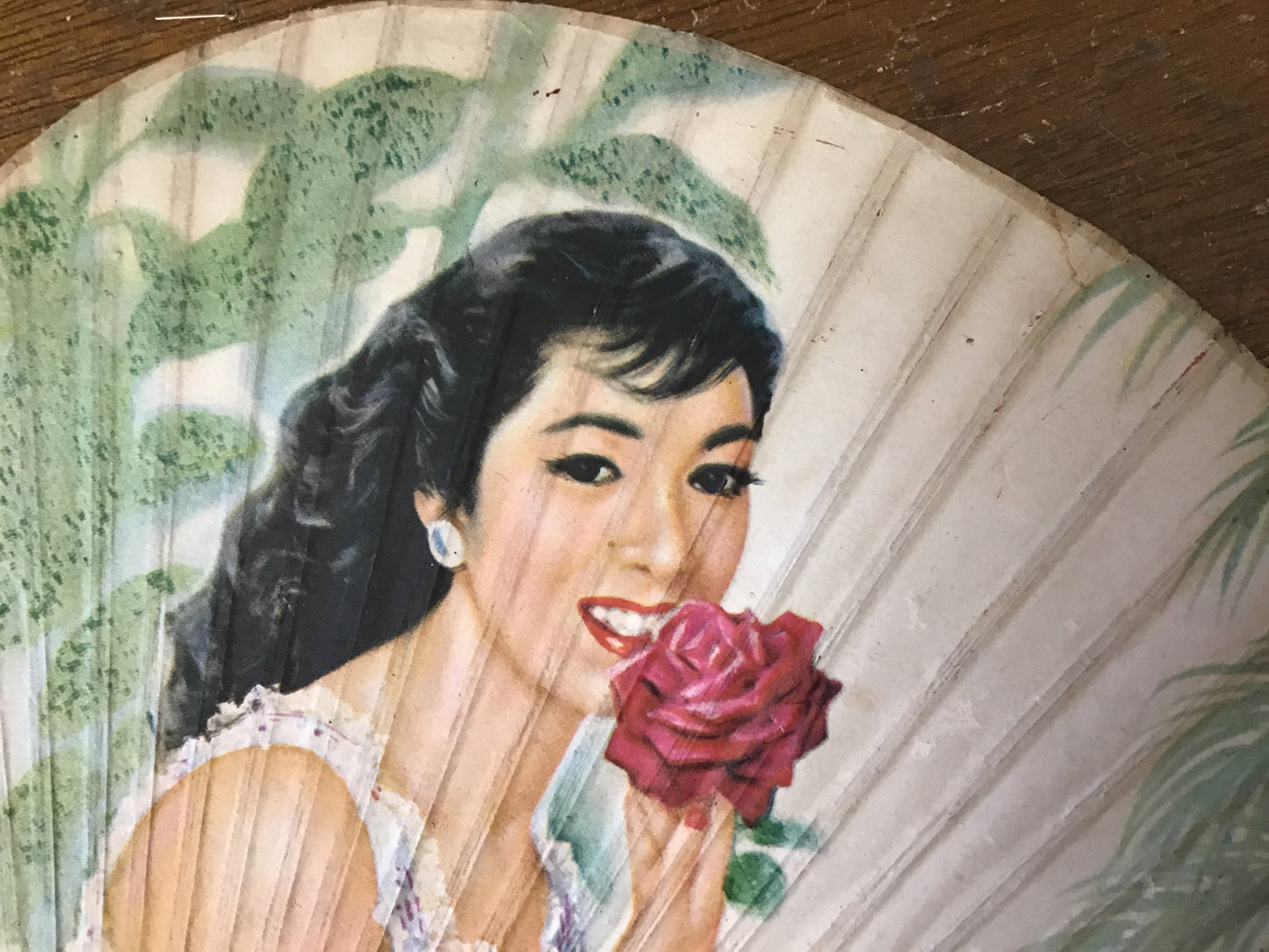 Y1122 OUGI Prewar Round Paper Fan red rose woman Japanese vintage Japan antique