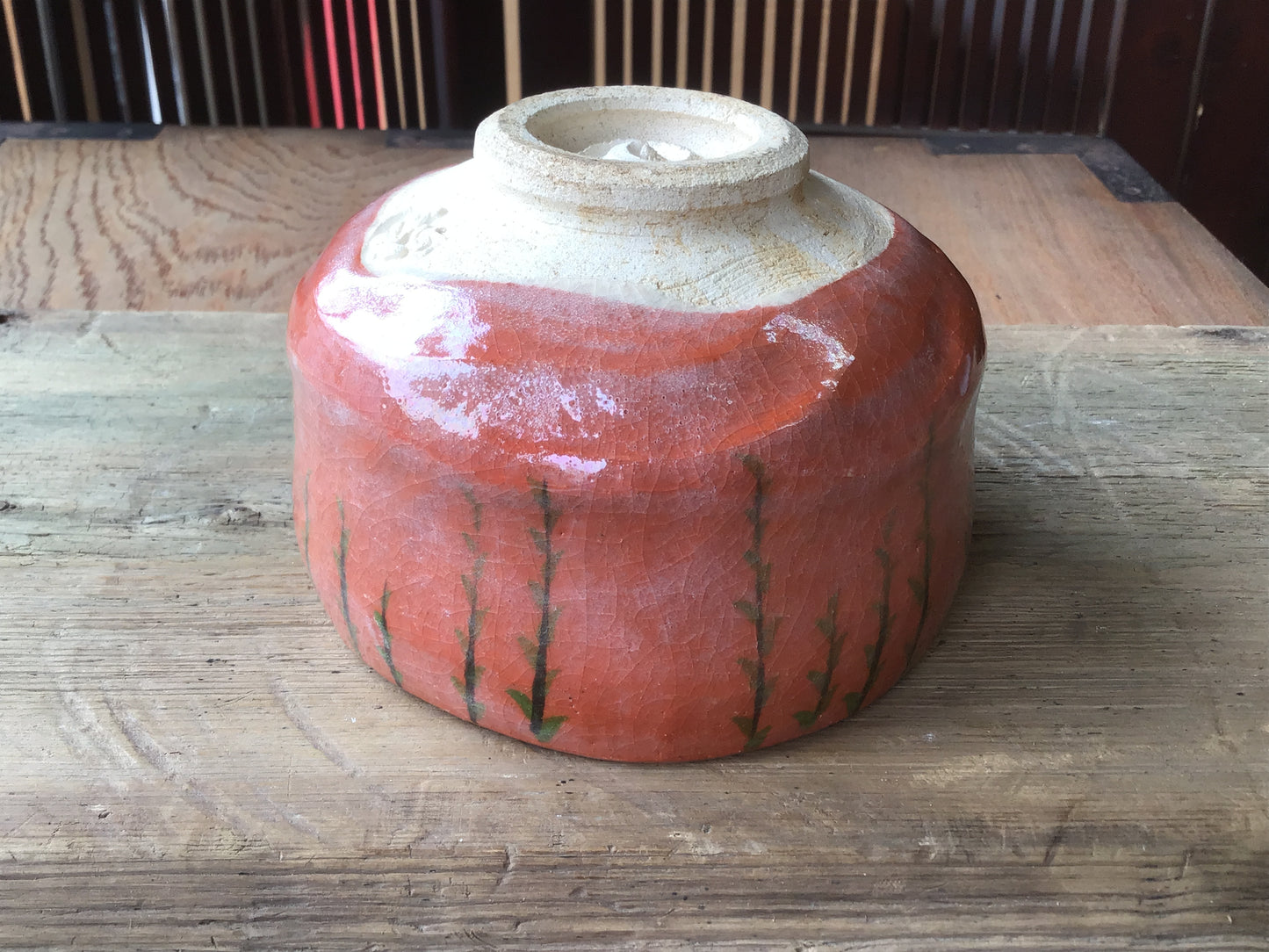 Y1308 CHAWAN Raku-ware Red signed Japanese Tea Ceremony bowl pottery Japan