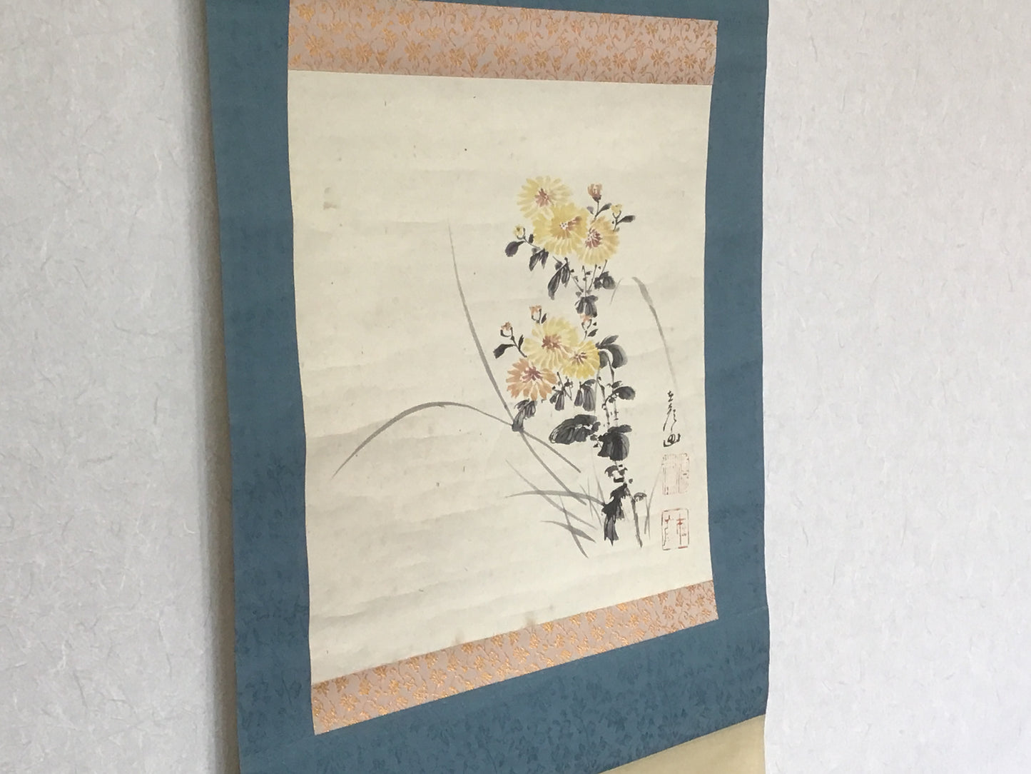 Y1335 KAKEJIKU chrysanthemum signed box 111x39cm Japanese hanging scroll