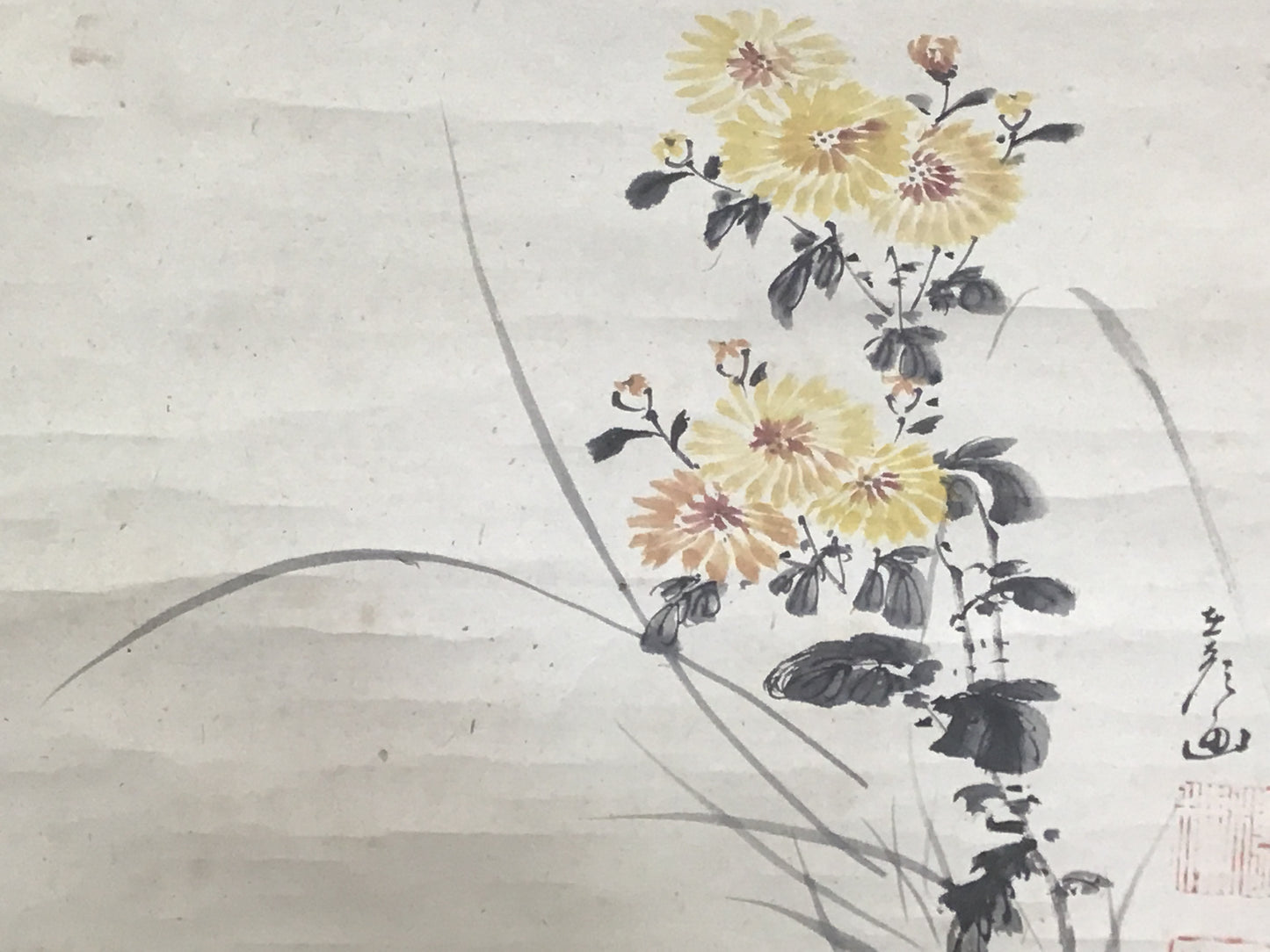 Y1335 KAKEJIKU chrysanthemum signed box 111x39cm Japanese hanging scroll
