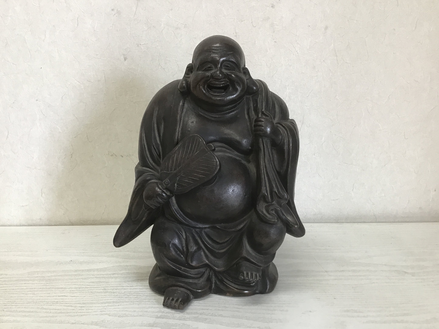 Y1365 STATUE Bizen-ware Hotei signed okimono Japan vintage antique buddha figure
