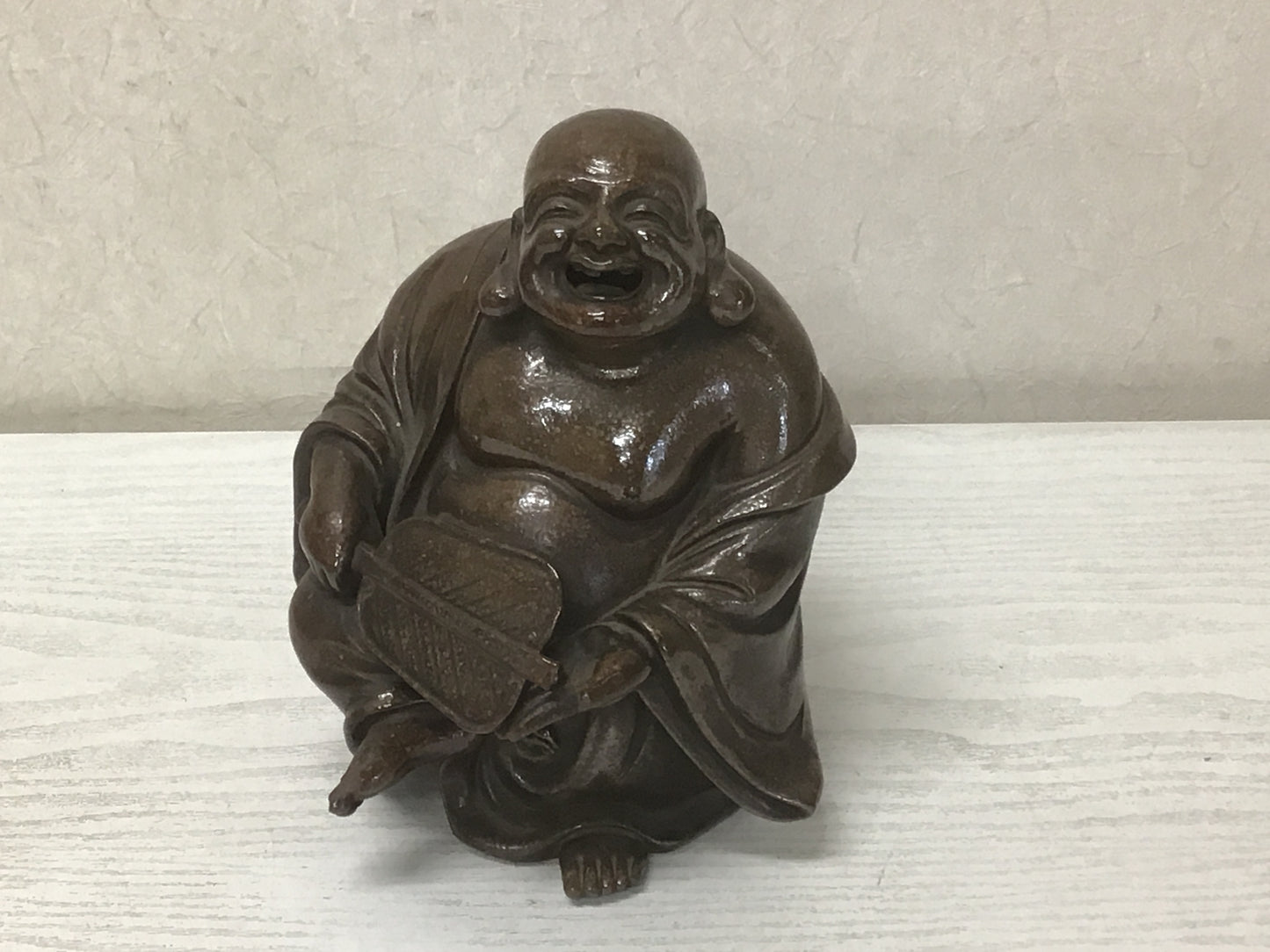 Y1400 STATUE Bizen-ware Hotei signed okimono Japan vintage antique buddha figure