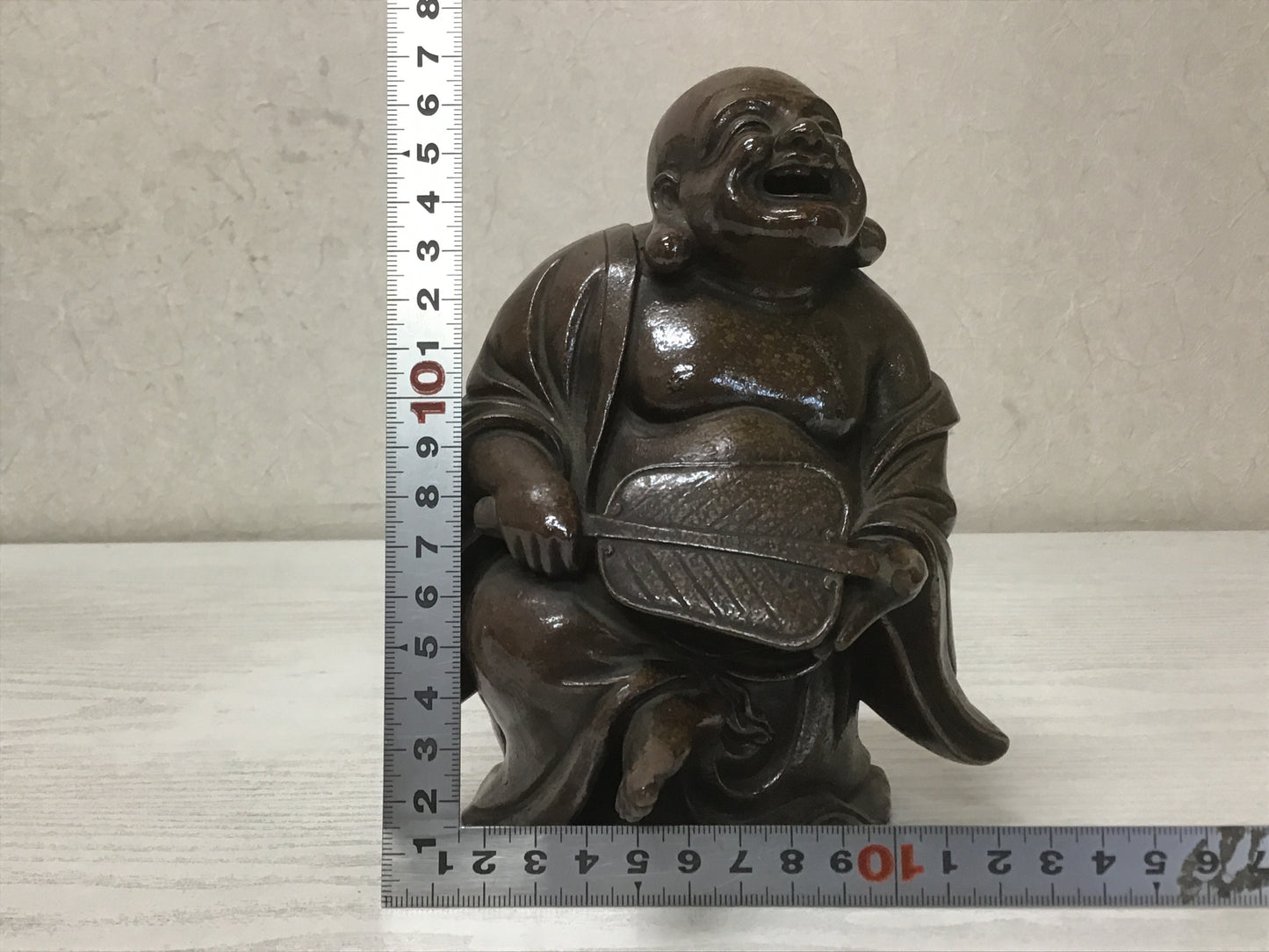 Y1400 STATUE Bizen-ware Hotei signed okimono Japan vintage antique buddha figure