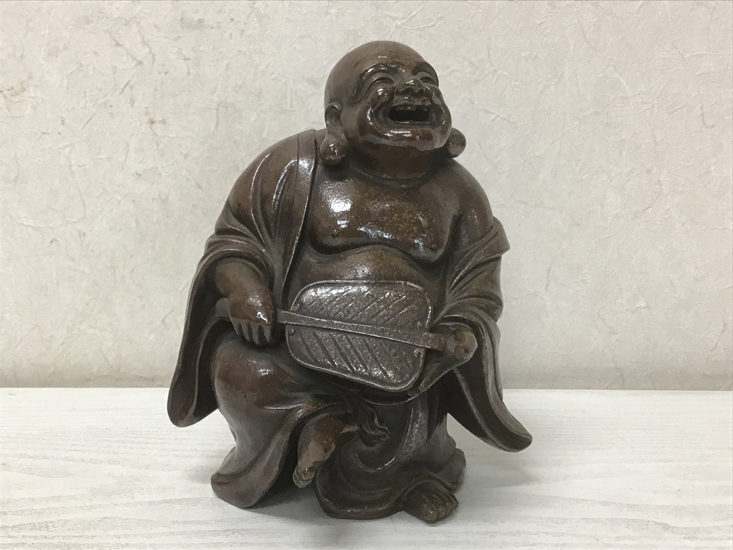 Y1400 STATUE Bizen-ware Hotei signed okimono Japan vintage antique buddha figure