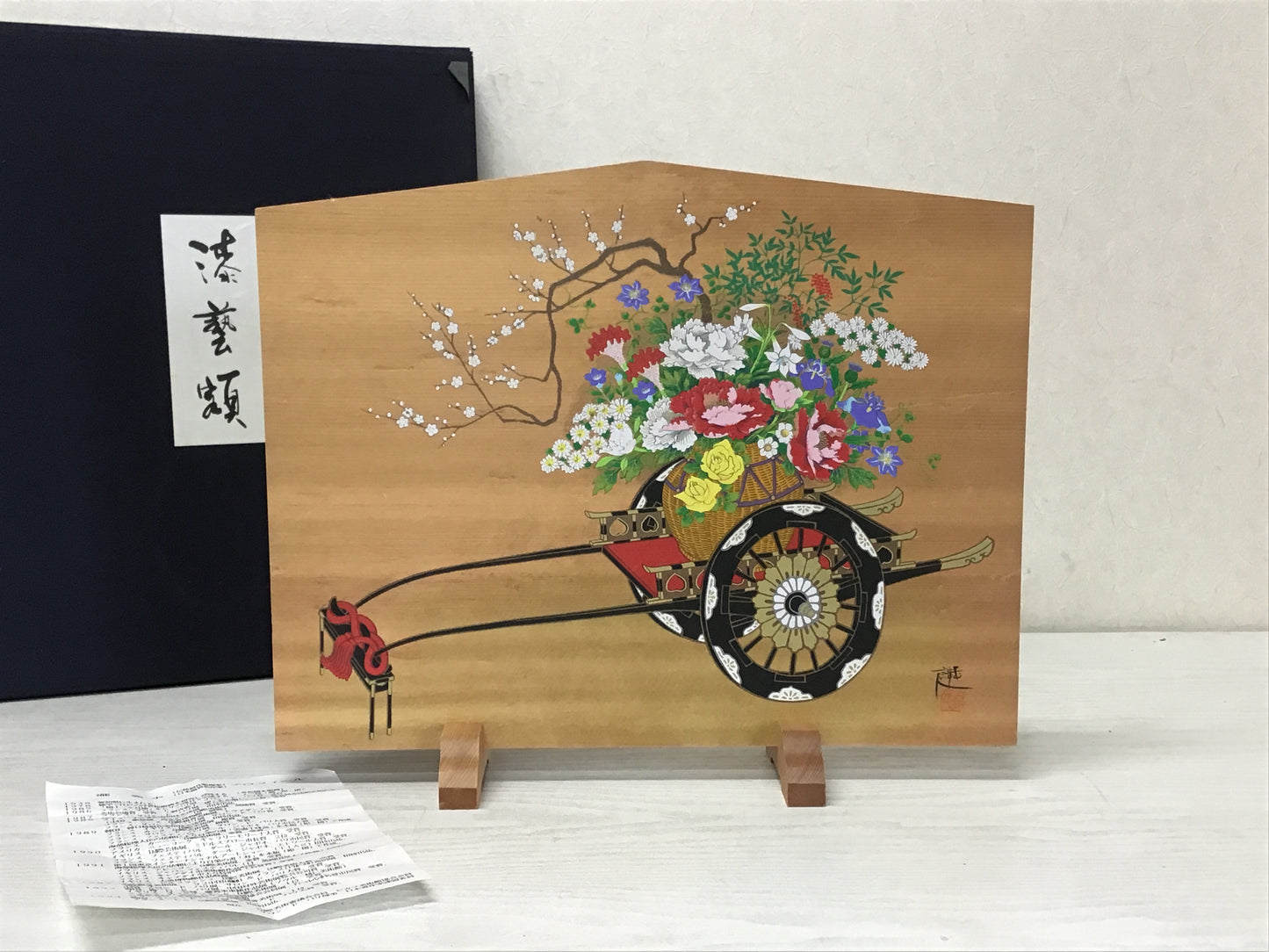 Y1493 OKIMONO wood painting flower car interior decor Japan antique collectible
