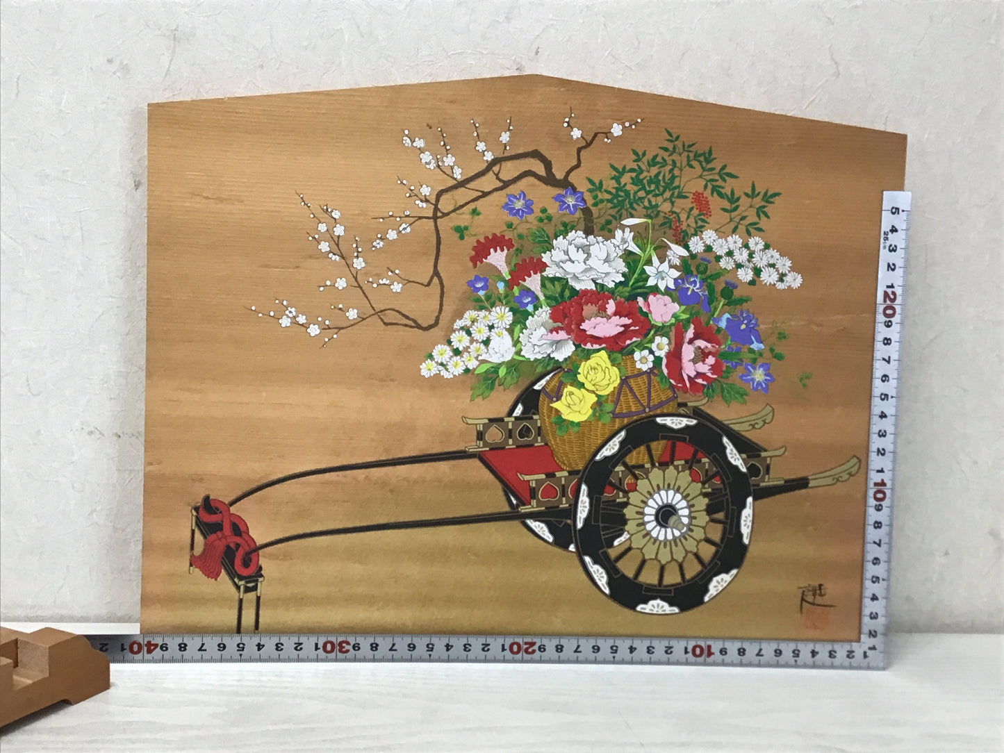 Y1493 OKIMONO wood painting flower car interior decor Japan antique collectible