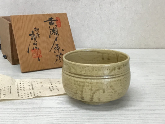 Y1649 CHAWAN Seto-ware yellow signed box Japanese bowl pottery tea ceremony