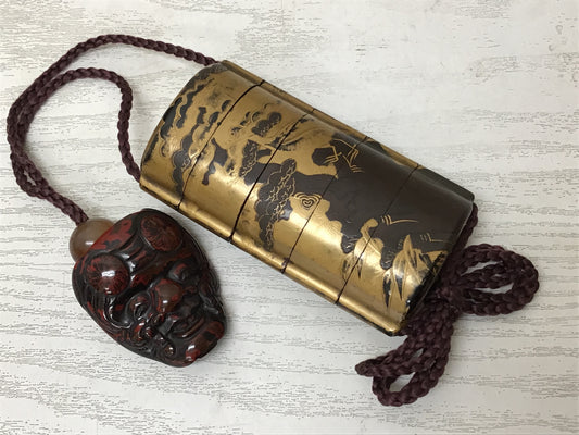 Y1737 INROU Pill Box gold lacquer Noh mask netsuke Japanese antique traditional