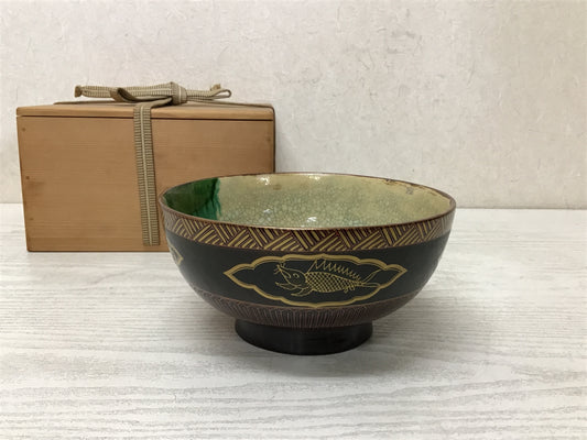 Y1746 CHAWAN Raku-ware gold lacquer Keiraku Japan pottery antique tea ceremony