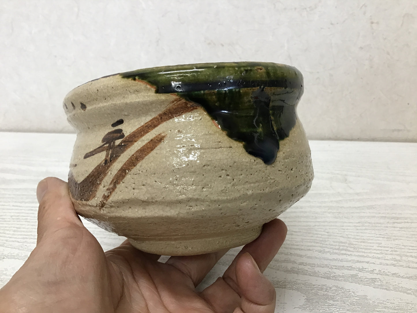 Y1753 CHAWAN Oribe-ware signed box Japanese bowl pottery Japan tea ceremony