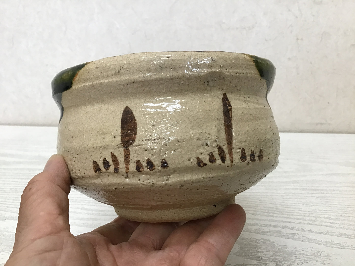 Y1753 CHAWAN Oribe-ware signed box Japanese bowl pottery Japan tea ceremony