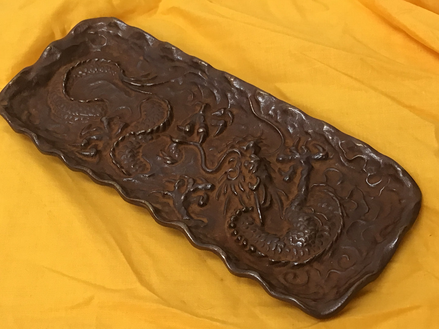 Y1882 DISH Bronze Unryu Dragon plate signed box Japan pottery antique vintage