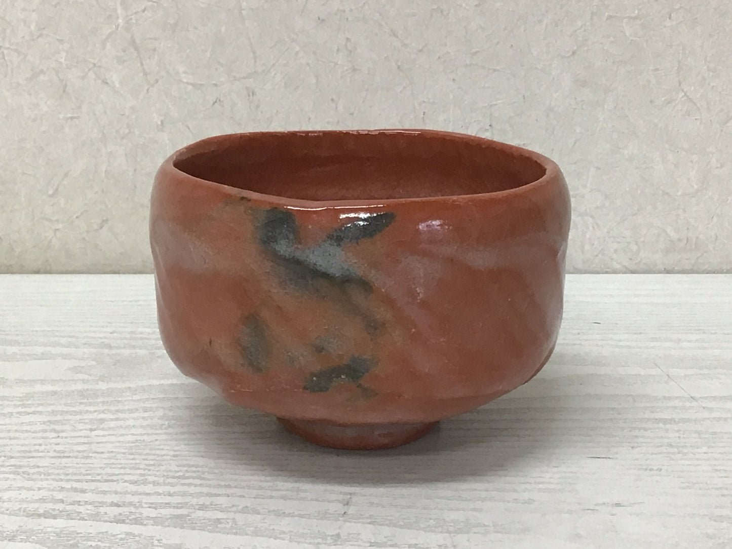 Y1988 CHAWAN Raku-ware Red signed Japanese bowl pottery Japan tea ceremony