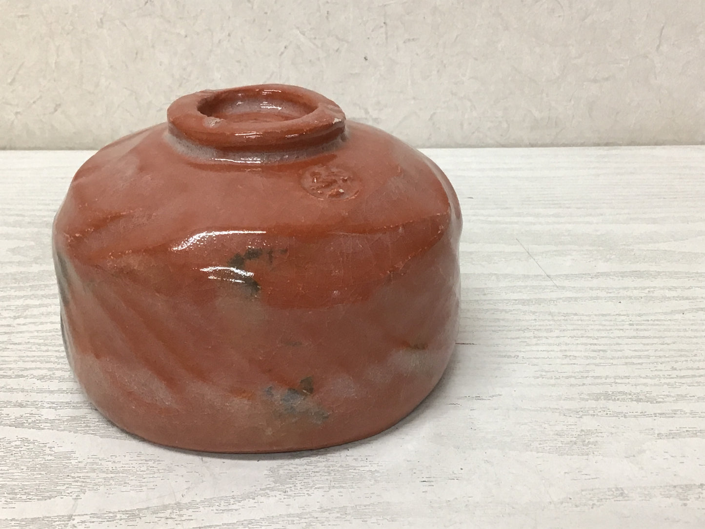 Y1988 CHAWAN Raku-ware Red signed Japanese bowl pottery Japan tea ceremony