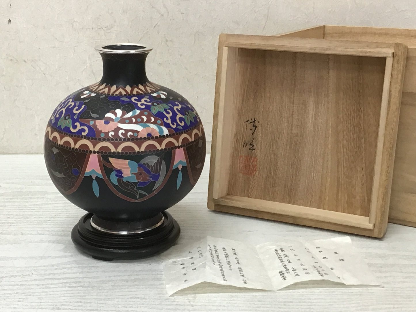 Y2062 FLOWER VASE cloisonne signed box Hiroaki Oota Japanese ikebana kabin decor