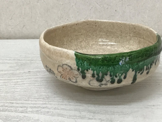 Y2088 CHAWAN Raku-ware flat signed Japanese bowl pottery Japan tea ceremony