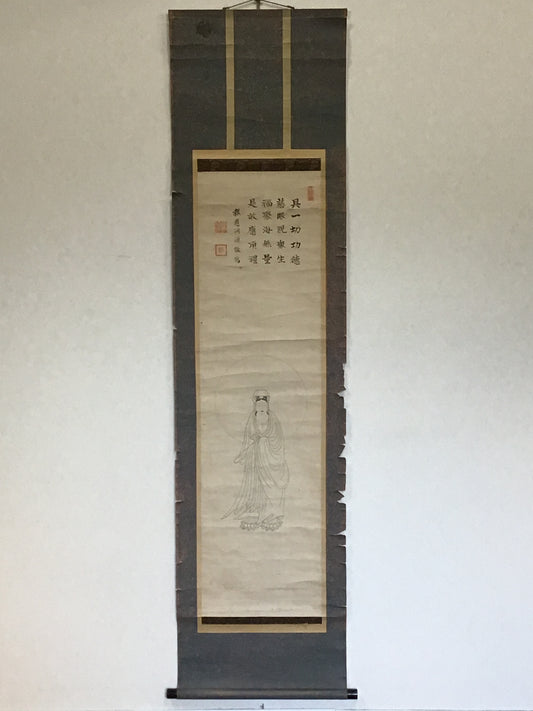 Y2110 KAKEJIKU Kannon statue Buddhist picture signed 180x45cm hanging scroll