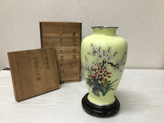 Y2138 FLOWER VASE cloissone plum chrysanthemum bamboo orchid Japan ikebana decor