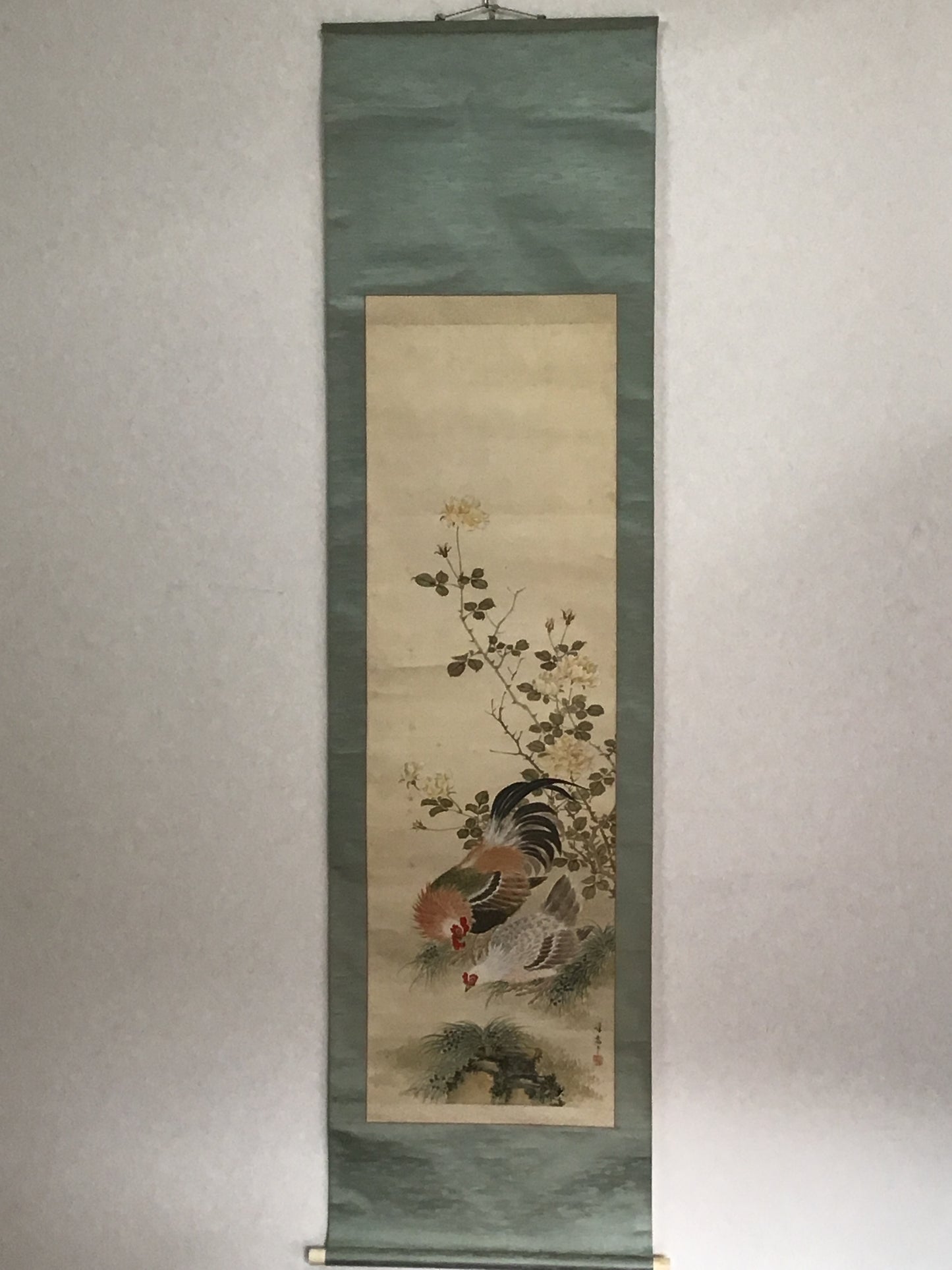 Y2170 KAKEJIKU Chicken Flower signed 197x52cm Japanese hanging scroll interior