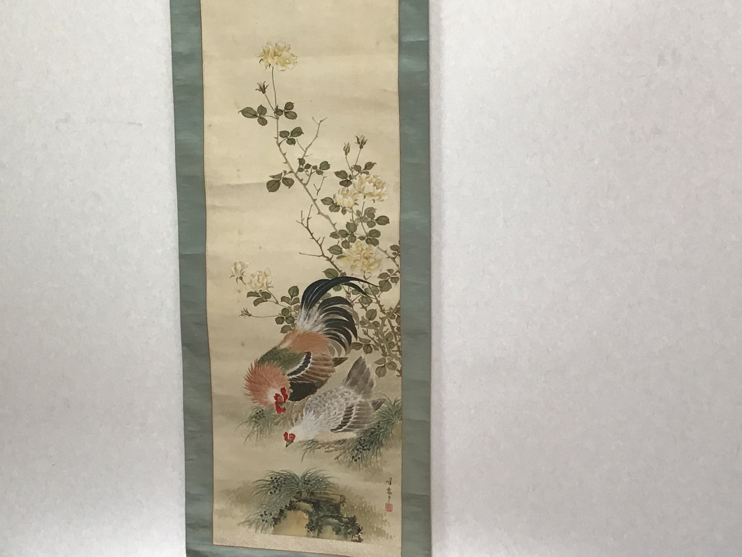 Y2170 KAKEJIKU Chicken Flower signed 197x52cm Japanese hanging scroll interior