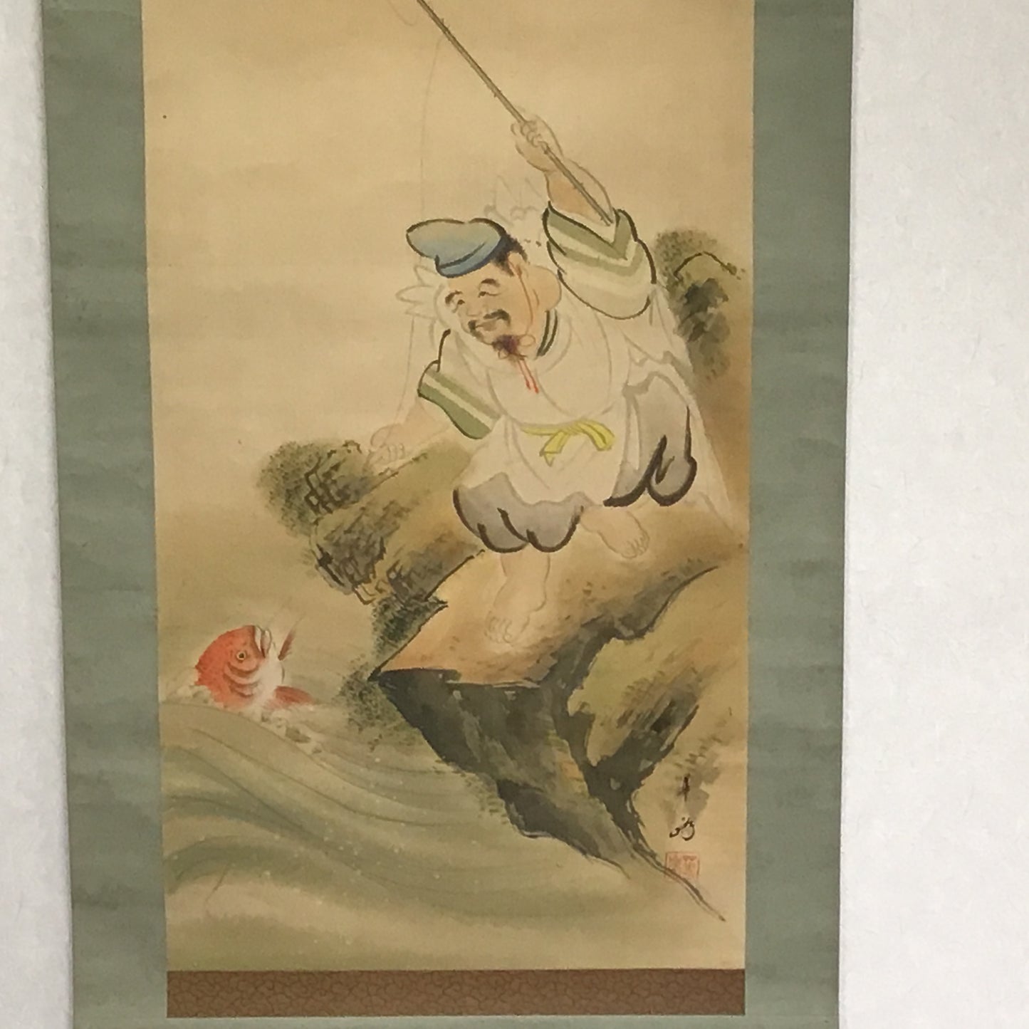 Y2176 KAKEJIKU Ebisu fishing for sea bream signed 172x54cm Japan hanging scroll