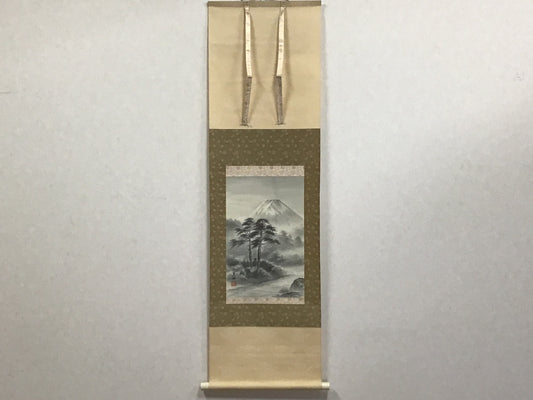 Y2218 KAKEJIKU Mt.Fuji Landscape signed box 130x38cm Japanese hanging scroll