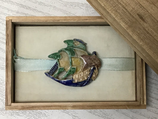 Y2284 OBIDOME Kyo-ware Sash Clip brooch signed box Japan Kimono vintage antique