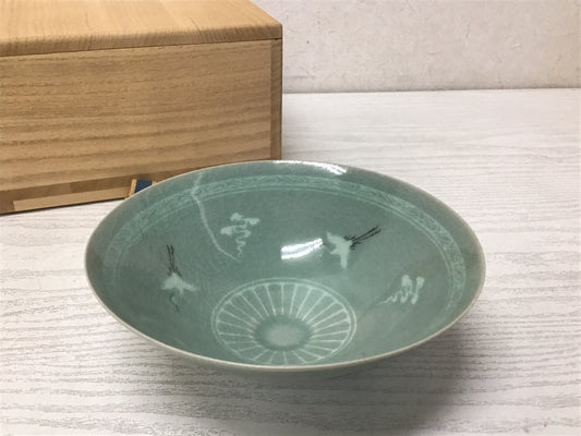 Y2327 CHAWAN Goryeo celadon Ryukaigo flat signed box Korea bowl tea ceremony