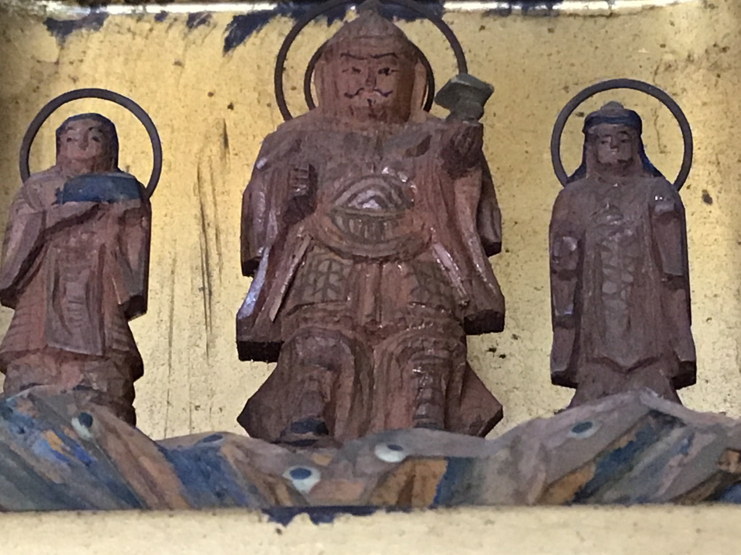Y2398 STATUE Buddha triad Vermilion-painted shrine Japan antique interior decor