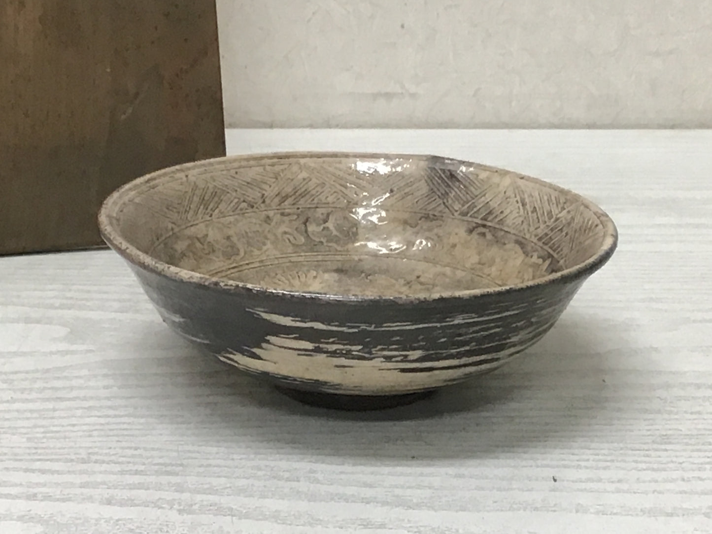 Y2599 CHAWAN Mishima Bowl signed box Japan tea ceremony antique pottery vintage