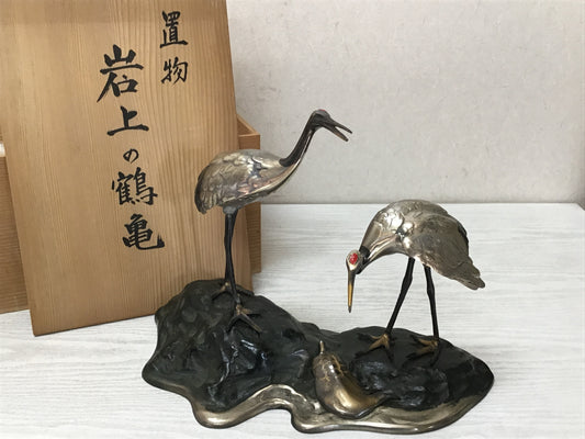 Y2611 OKIMONO Cast Copper figure Crane Turtle on a Rock box Japan antique decor