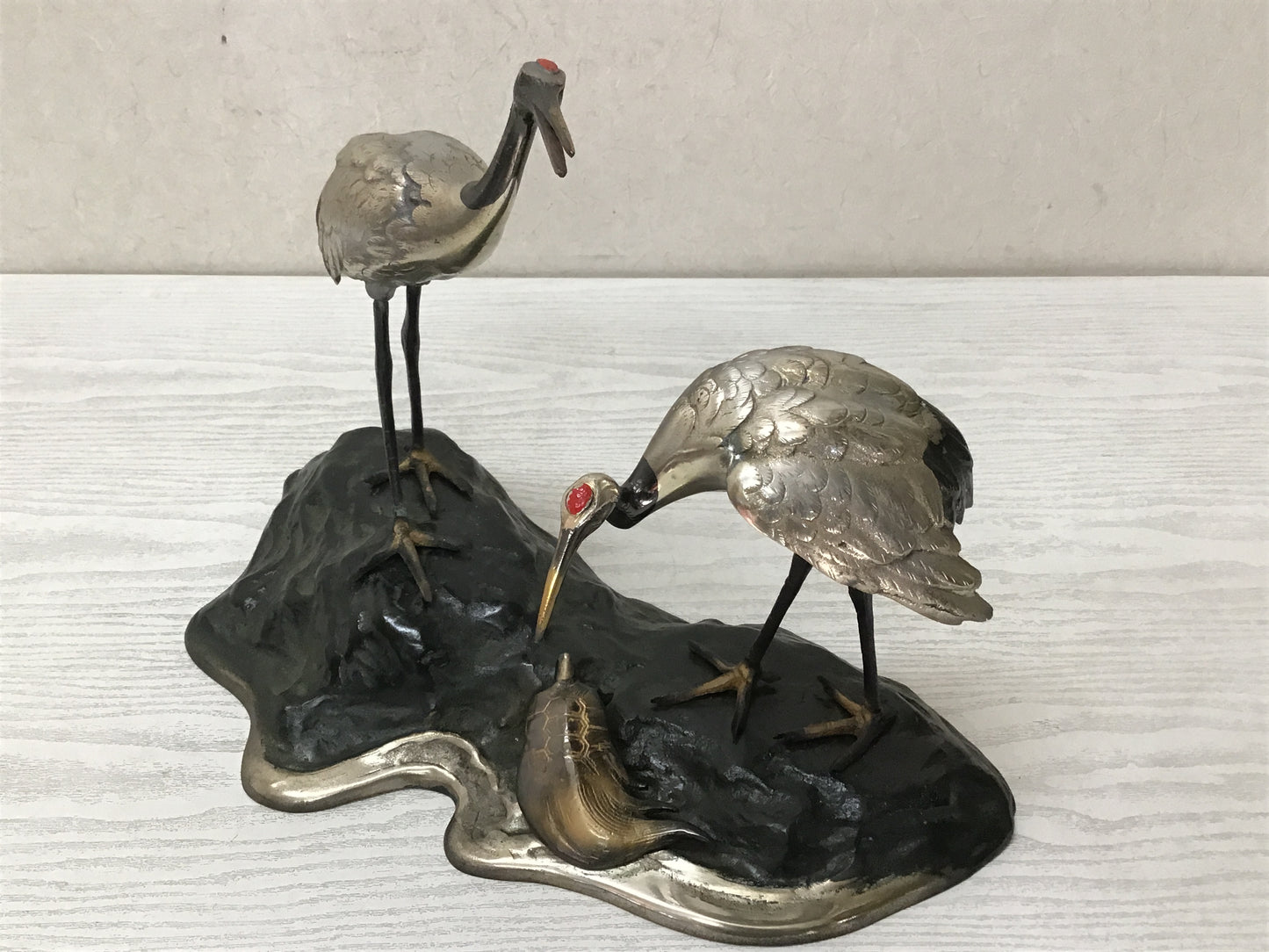 Y2611 OKIMONO Cast Copper figure Crane Turtle on a Rock box Japan antique decor