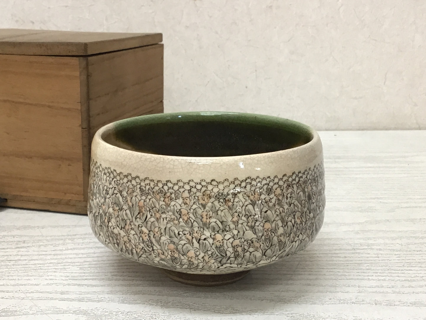 Y2662 CHAWAN Oribe-ware hundred hermits box Japan tea ceremony bowl antique