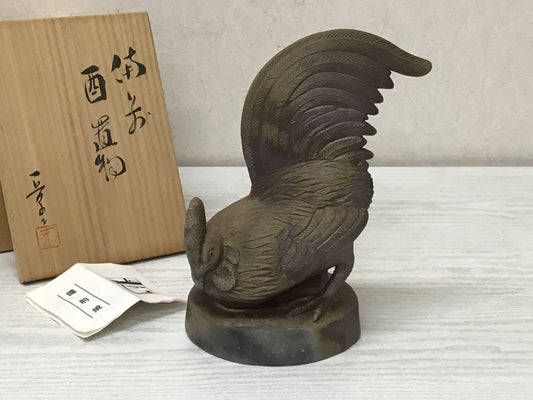 Y2691 OKIMONO Bizen-ware Rooster bird figure signed box Japan antique decor