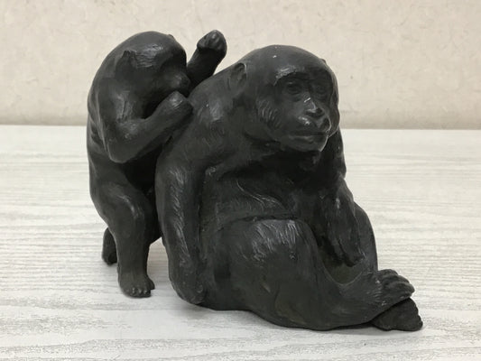 Y2695 OKIMONO Antimony Parent Child Monkey figure figurine Japan antique decor