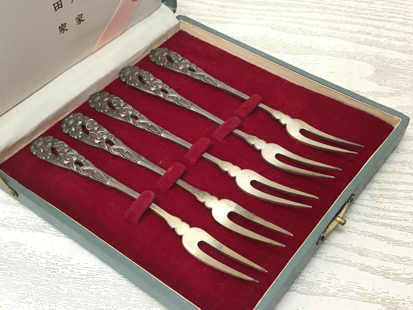 Y2708 CUTLERY Silver Fork flower Set of 5 box Japanese antique vintage food