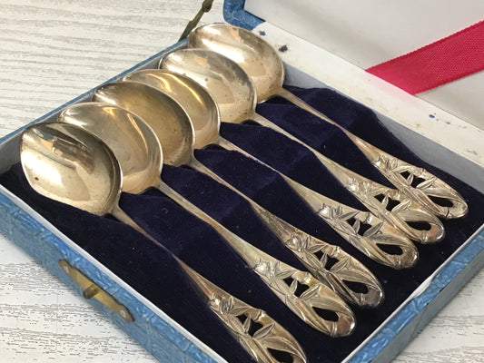 Y2709 CUTLERY Silver Spoon bamboo leaf Set of 6 box Japan antique vintage food