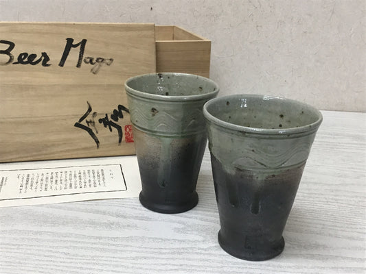 Y2728 CUP Mino-ware Beer Mug signed box glassware Japanese antique tableware