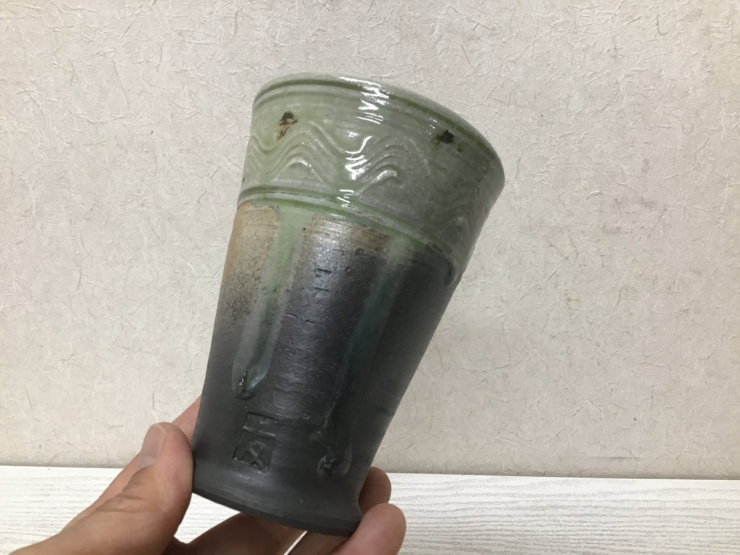 Y2728 CUP Mino-ware Beer Mug signed box glassware Japanese antique tableware